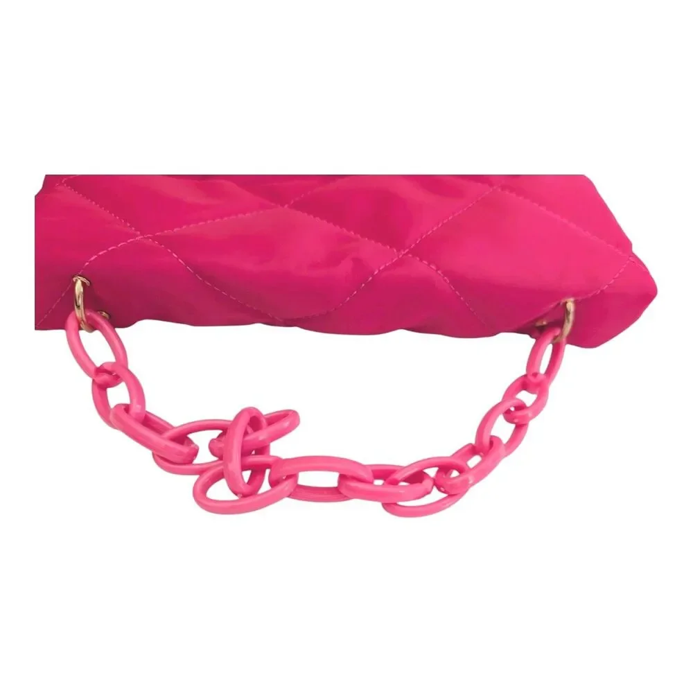 Neon Pink Quilted Nylon Rectangle Crossbody Shoulder Handbag With Chain